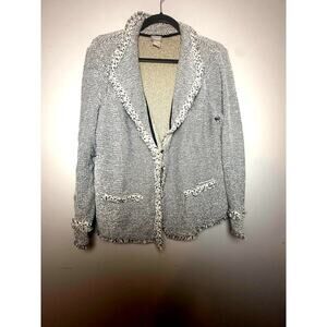 Chico's Women's Size 2 (L/12) Tweed Knit Button up Jacket with Fringe